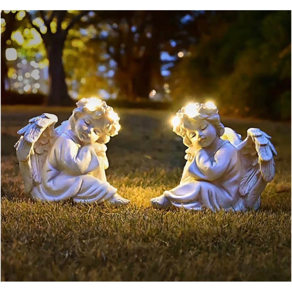 2 Pack Outdoor Angel Statues for Garden Decor with LED Lights